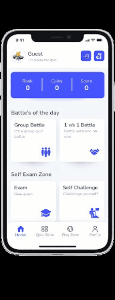 Accueil ClueCoin Quiz avec rang, pièces, et modes bataille et examen