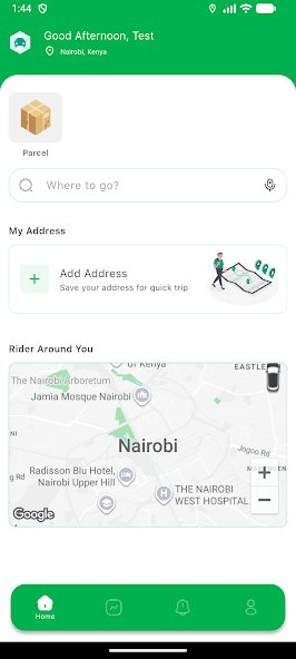 Accueil client Galeyr à Nairobi avec recherche de course, option colis et carte live