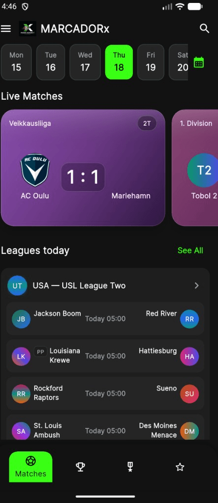 Écran d'accueil MarcadorX avec matchs de football en direct et calendrier des ligues
