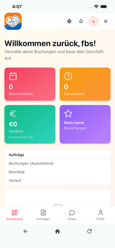 Tableau de bord Petixo avec réservations, missions en attente, gains et avis