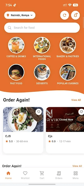 Accueil client SnapDash avec catégories de plats et restaurants à Nairobi